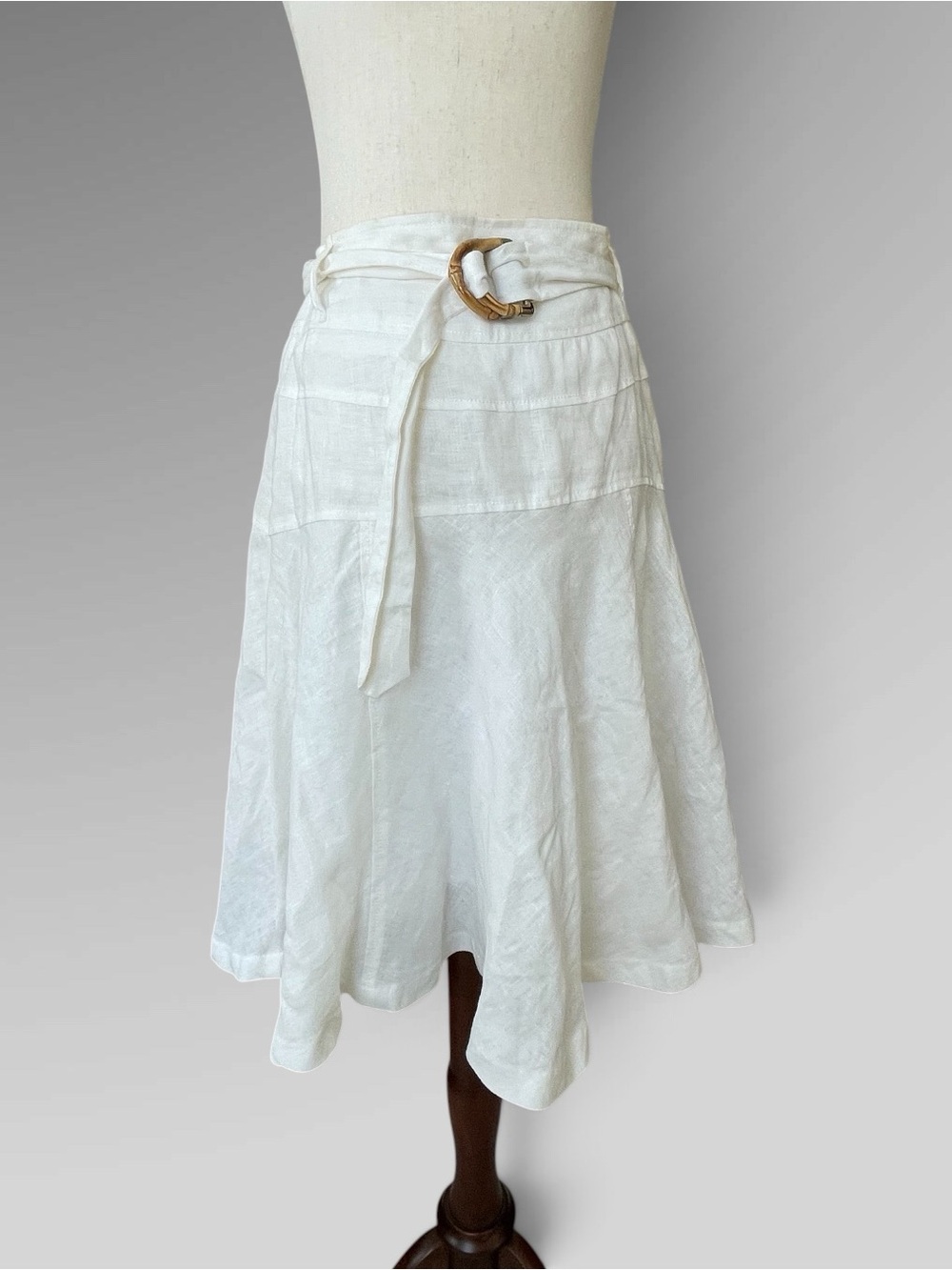 Zara 100% Linen Bamboo Buckle A-Line Midi Skirt White M
